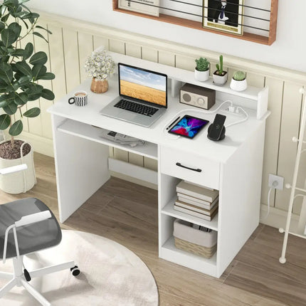 White Desk with Charging Station and Adjustable Shelf for Home Office-White - White - Writing Desks