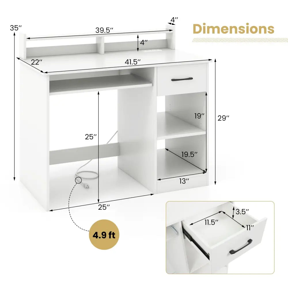 White Desk with Charging Station and Adjustable Shelf for Home Office-White - White - Writing Desks