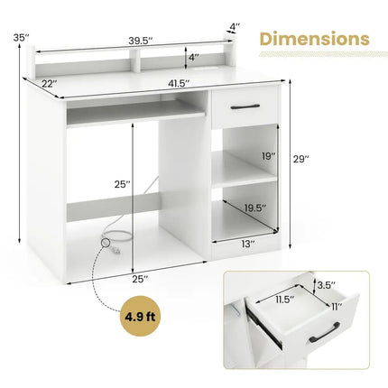White Desk with Charging Station and Adjustable Shelf for Home Office-White - White - Writing Desks