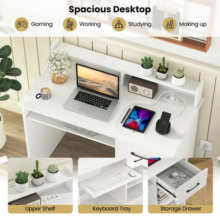 White Desk with Charging Station and Adjustable Shelf for Home Office-White - White - Writing Desks