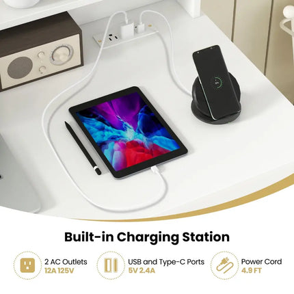White Desk with Charging Station and Adjustable Shelf for Home Office-White - White - Writing Desks