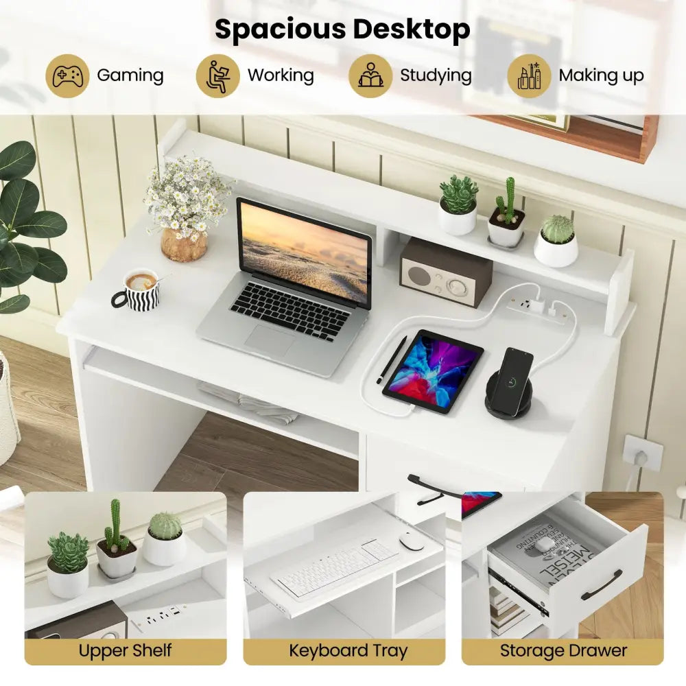 White Desk with Charging Station and Adjustable Shelf for Home Office-White - White - Writing Desks