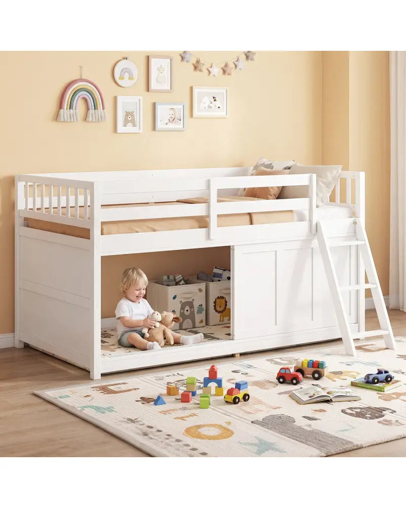 White Loft Bed with Aluminum Sliding Door and Storage for Bedroom-Twin size - White - Bunk Bed Frame