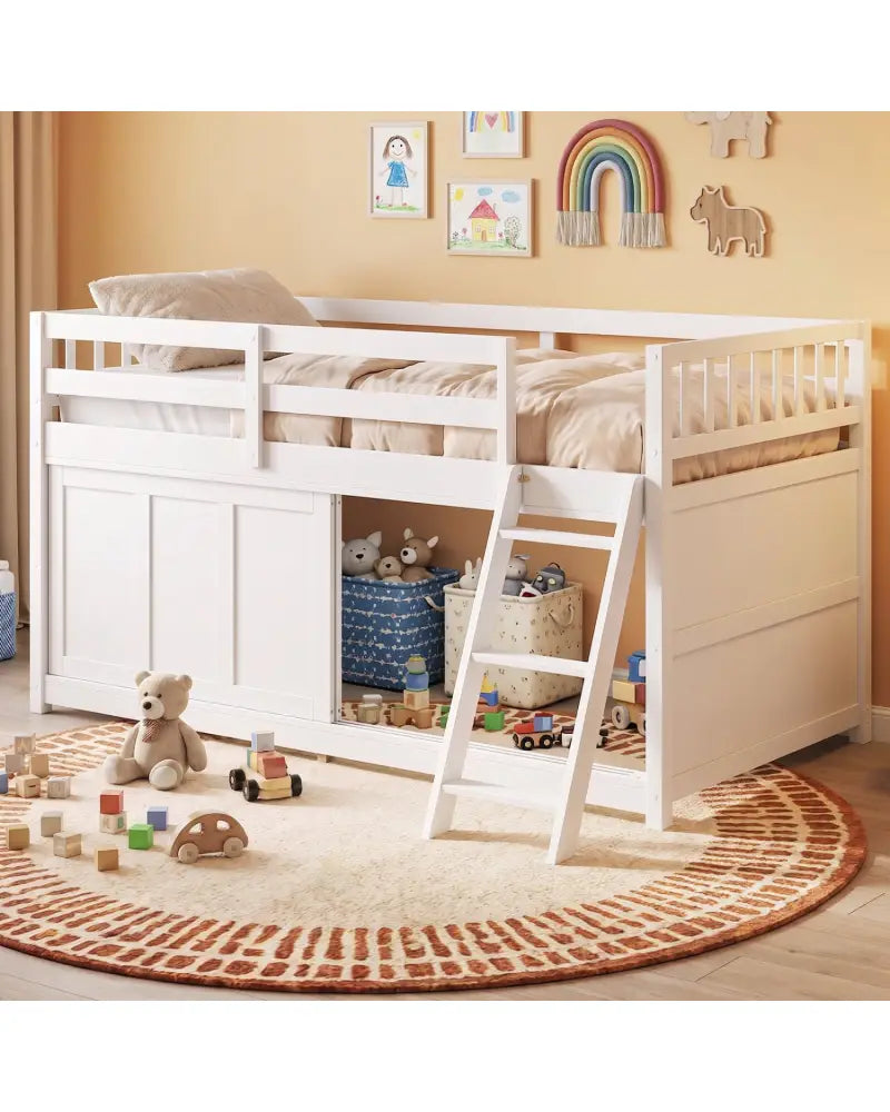 White Loft Bed with Aluminum Sliding Door and Storage for Bedroom-Twin size - White - Bunk Bed Frame