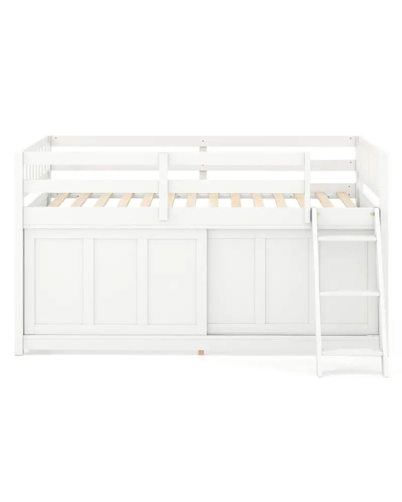 White Loft Bed with Aluminum Sliding Door and Storage for Bedroom-Twin size - White - Bunk Bed Frame