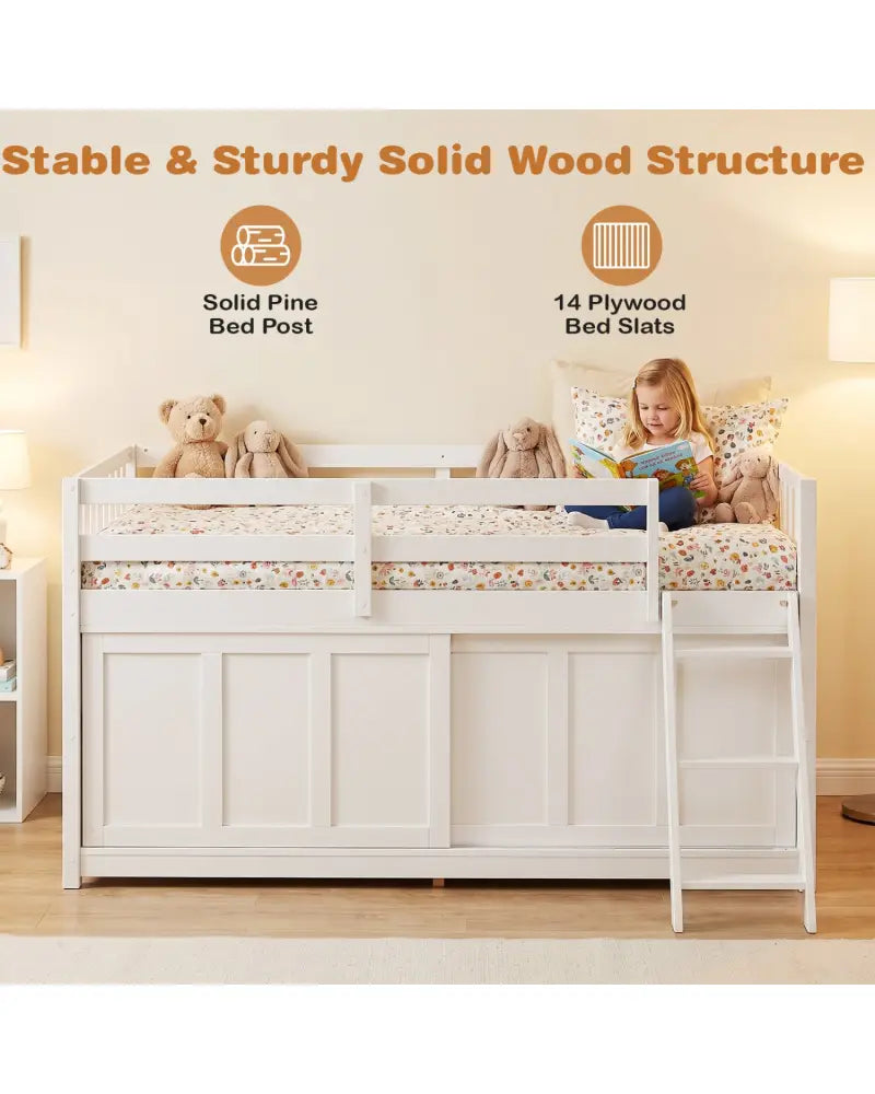 White Loft Bed with Aluminum Sliding Door and Storage for Bedroom-Twin size - White - Bunk Bed Frame
