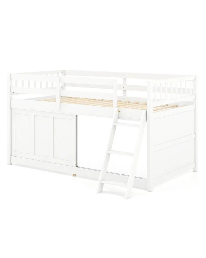 White Loft Bed with Aluminum Sliding Door and Storage for Bedroom-Twin size - White - Bunk Bed Frame