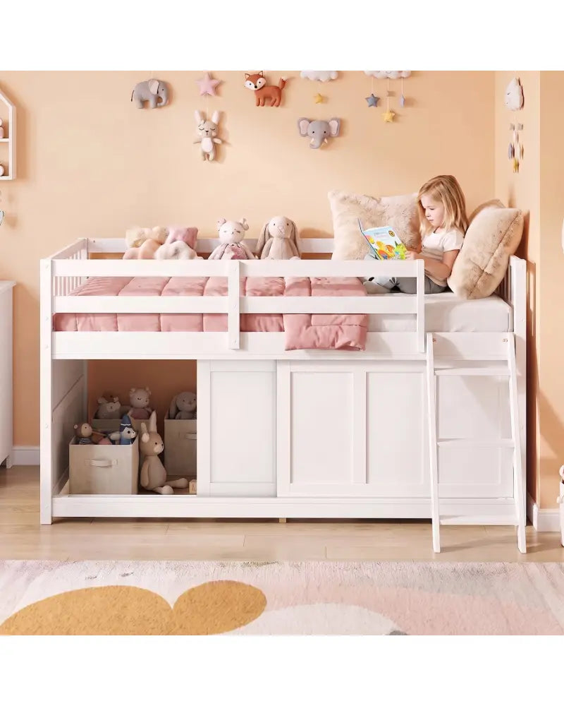 White Loft Bed with Aluminum Sliding Door and Storage for Bedroom-Twin size - White - Bunk Bed Frame