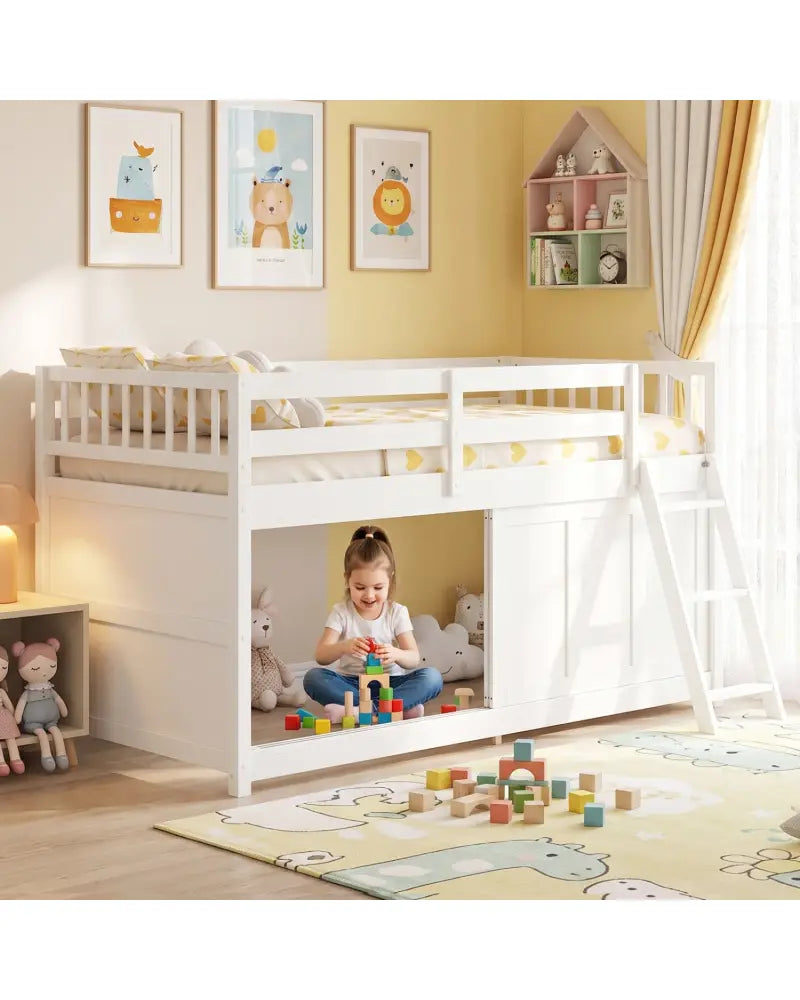 White Loft Bed with Aluminum Sliding Door and Storage for Bedroom-Twin size - White - Bunk Bed Frame