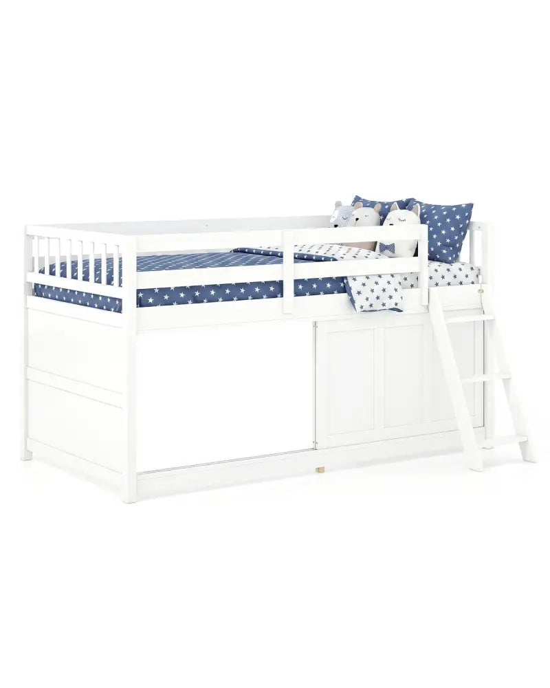 White Loft Bed with Aluminum Sliding Door and Storage for Bedroom-Twin size - White - Bunk Bed Frame