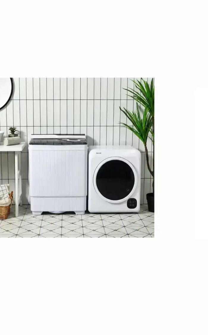 White front-loading washing machine with black circular door and control panel on the side