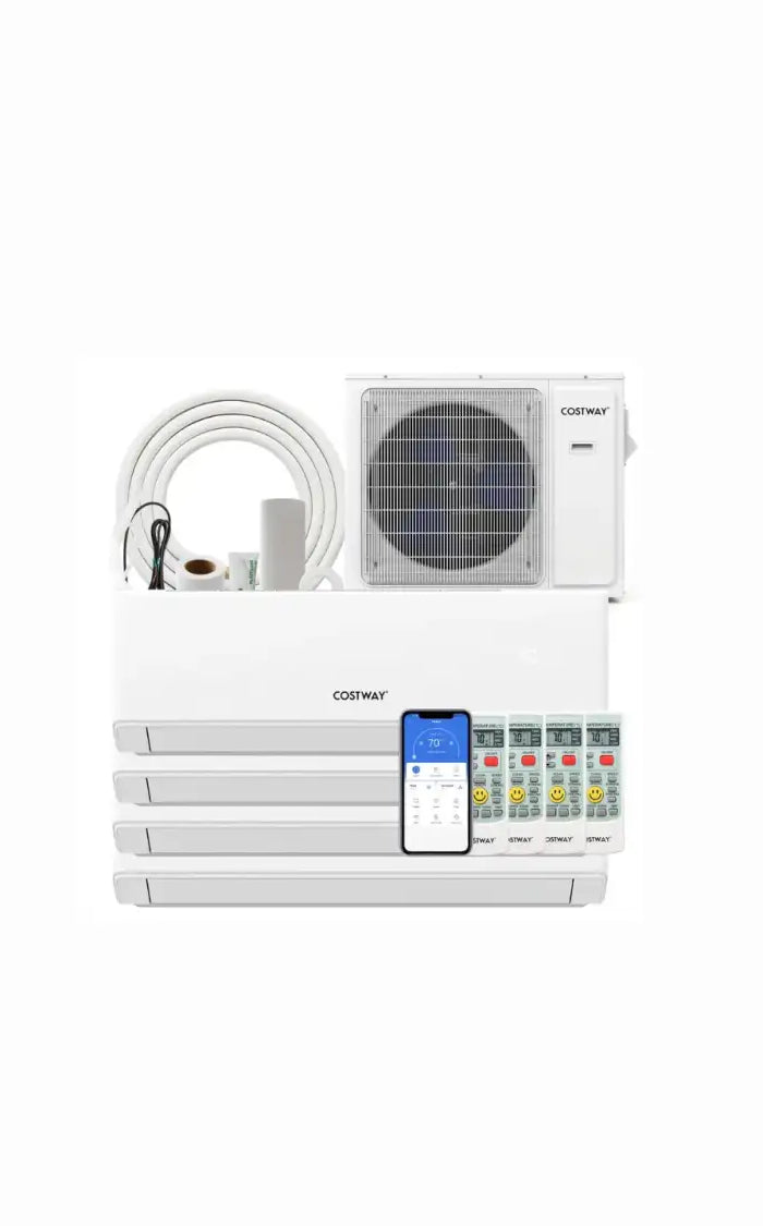 White wall-mounted air conditioner unit with integrated control panel and remote display