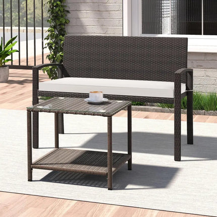 Wicker 2-Seat Bench with Soft Seat Cushion and Metal Frame-White - White - Outdoor Benches
