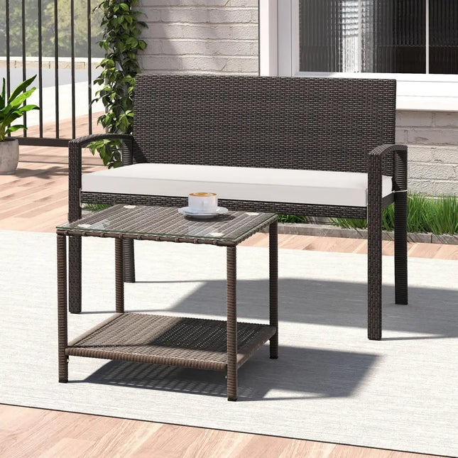 Wicker 2-Seat Bench with Soft Seat Cushion and Metal Frame-White - White - Outdoor Benches