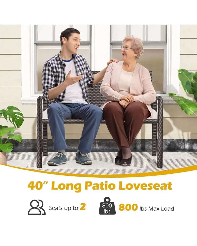 Wicker 2-Seat Bench with Soft Seat Cushion and Metal Frame-White - White - Outdoor Benches