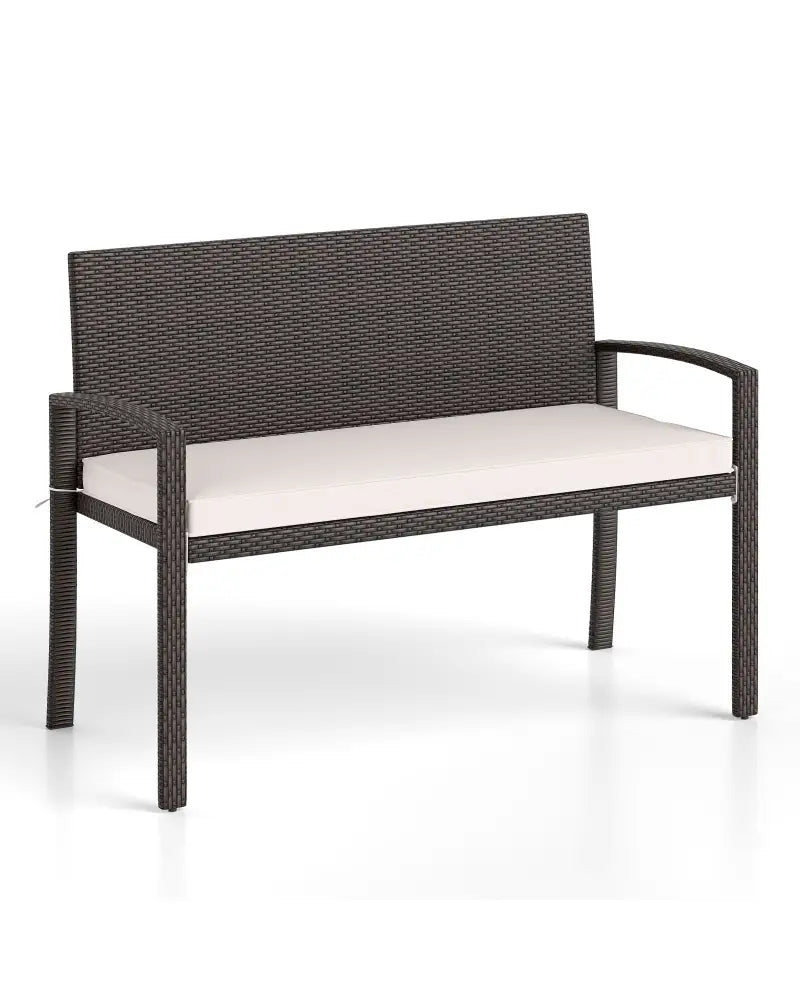 Wicker 2-Seat Bench with Soft Seat Cushion and Metal Frame-White - White - Outdoor Benches