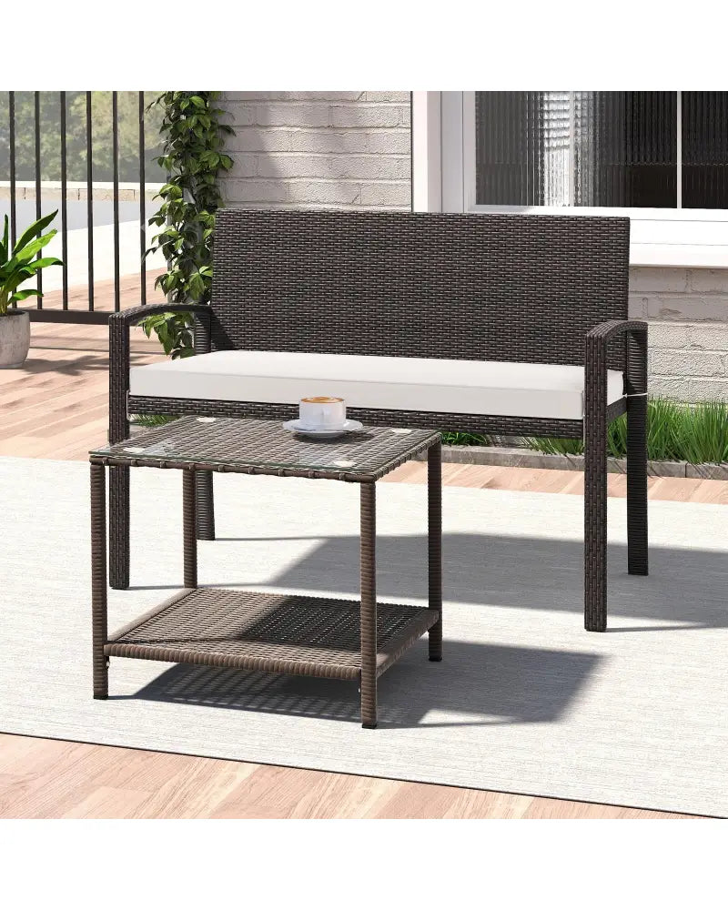Wicker 2-Seat Bench with Soft Seat Cushion and Metal Frame-White - White - Outdoor Benches