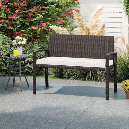 Wicker 2-Seat Bench with Soft Seat Cushion and Metal Frame-White - White - Outdoor Benches