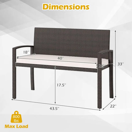 Wicker 2-Seat Bench with Soft Seat Cushion and Metal Frame-White - White - Outdoor Benches