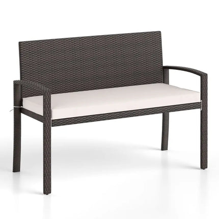 Wicker 2-Seat Bench with Soft Seat Cushion and Metal Frame-White - White - Outdoor Benches