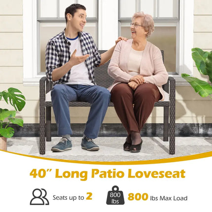 Wicker 2-Seat Bench with Soft Seat Cushion and Metal Frame-White - White - Outdoor Benches