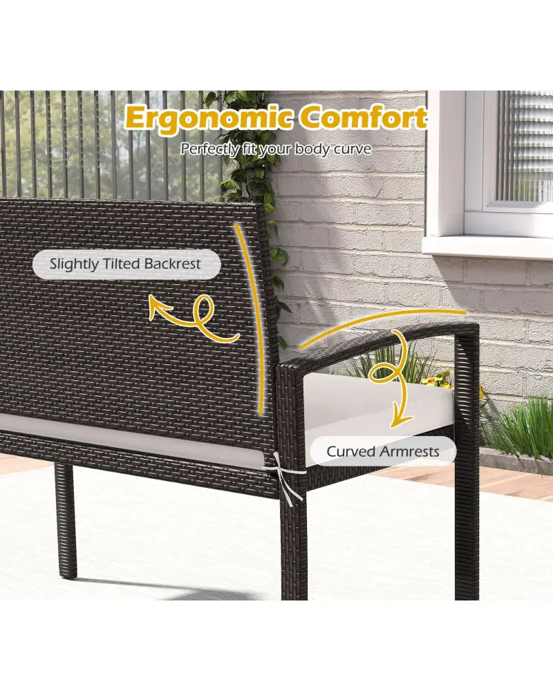 Wicker 2-Seat Bench with Soft Seat Cushion and Metal Frame-White - White - Outdoor Benches