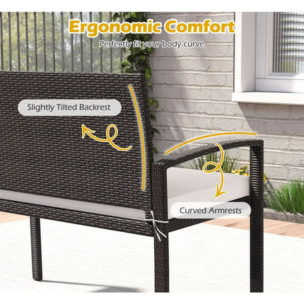 Wicker 2-Seat Bench with Soft Seat Cushion and Metal Frame-White - White - Outdoor Benches