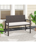 Wicker 2-Seat Bench with Soft Seat Cushion and Metal Frame-White - White - Outdoor Benches