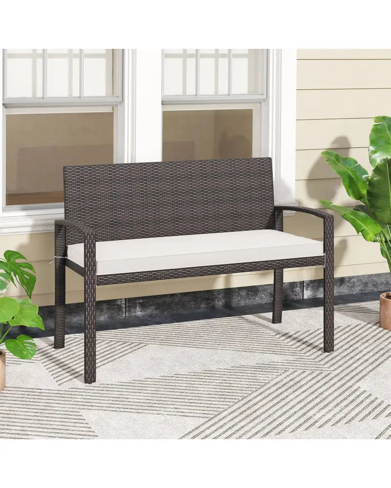 Wicker 2-Seat Bench with Soft Seat Cushion and Metal Frame-White - White - Outdoor Benches
