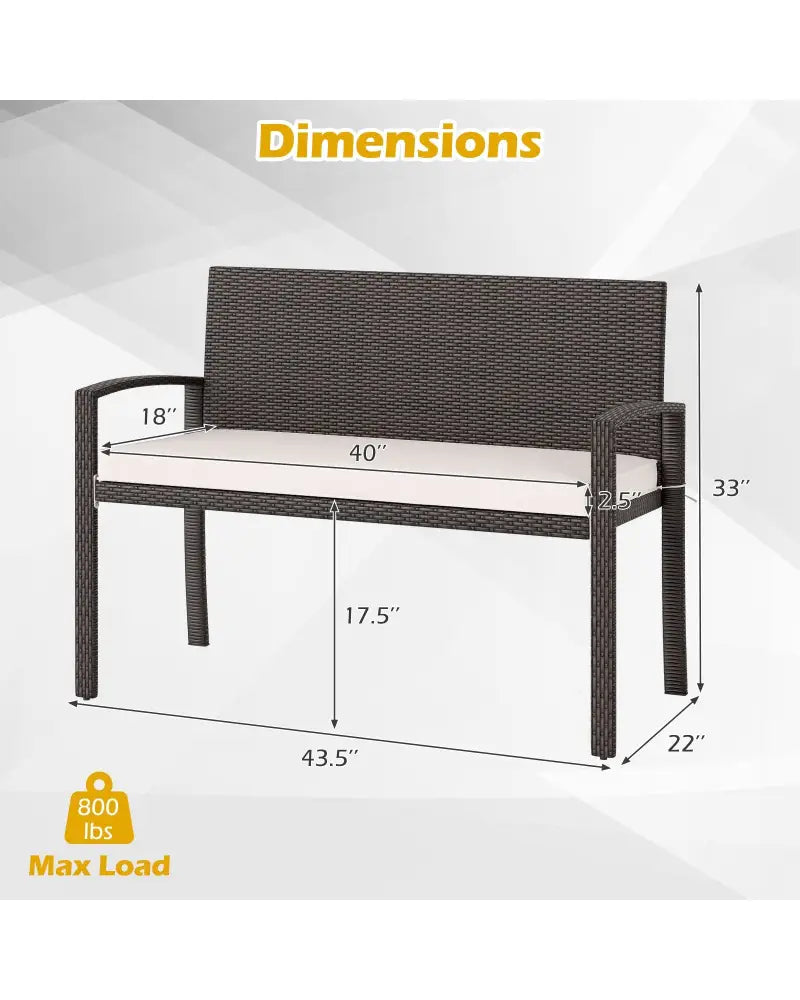 Wicker 2-Seat Bench with Soft Seat Cushion and Metal Frame-White - White - Outdoor Benches