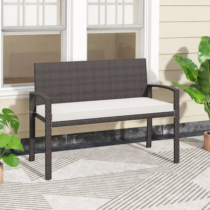 Wicker 2-Seat Bench with Soft Seat Cushion and Metal Frame-White - White - Outdoor Benches