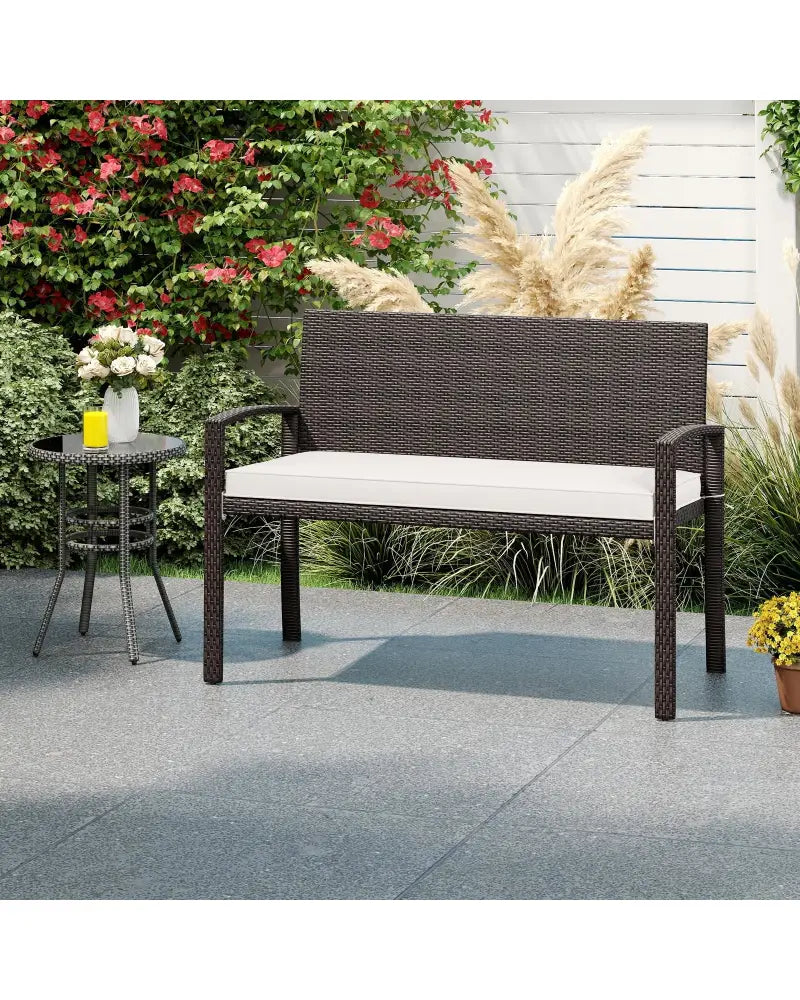 Wicker 2-Seat Bench with Soft Seat Cushion and Metal Frame-White - White - Outdoor Benches