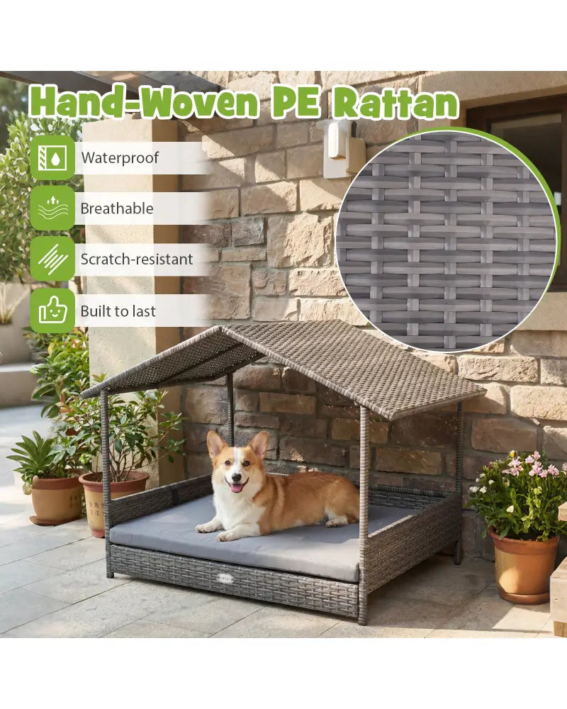 Wicker Dog House Elevated PE Rattan Dog Bed with Canopy-Gray - Gray - Dog Kennels