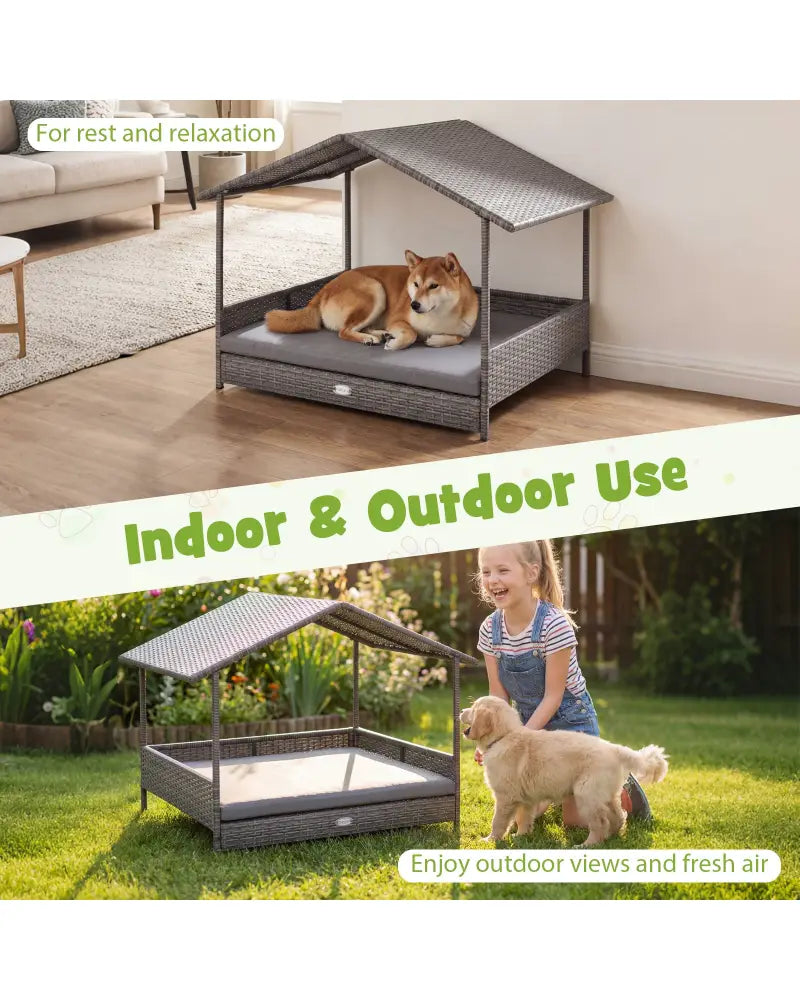 Wicker Dog House Elevated PE Rattan Dog Bed with Canopy-Gray - Gray - Dog Kennels