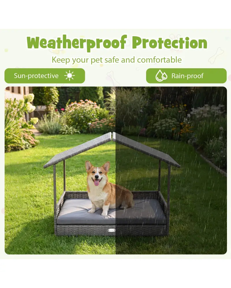 Wicker Dog House Elevated PE Rattan Dog Bed with Canopy-Gray - Gray - Dog Kennels