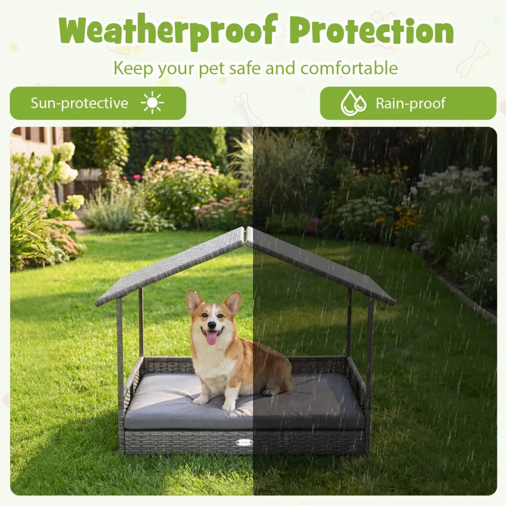 Wicker Dog House Elevated PE Rattan Dog Bed with Canopy-Gray - Gray - Dog Kennels