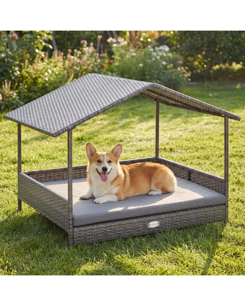 Wicker Dog House Elevated PE Rattan Dog Bed with Canopy-Gray - Gray - Dog Kennels