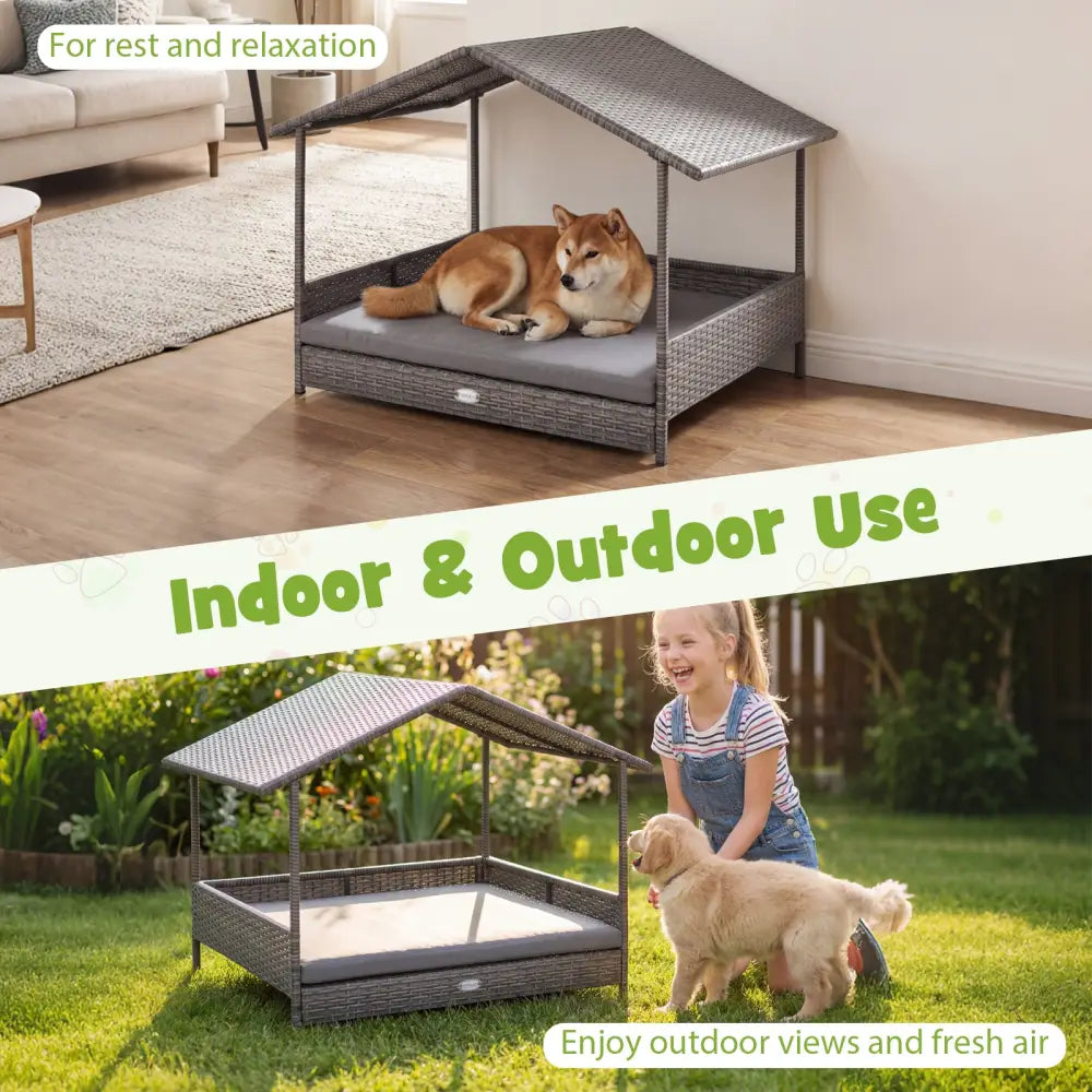 Wicker Dog House Elevated PE Rattan Dog Bed with Canopy-Gray - Gray - Dog Kennels