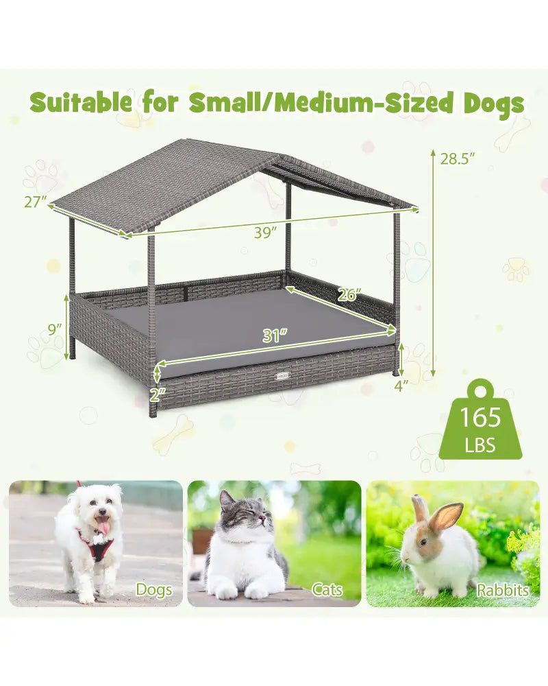 Wicker Dog House Elevated PE Rattan Dog Bed with Canopy-Gray - Gray - Dog Kennels