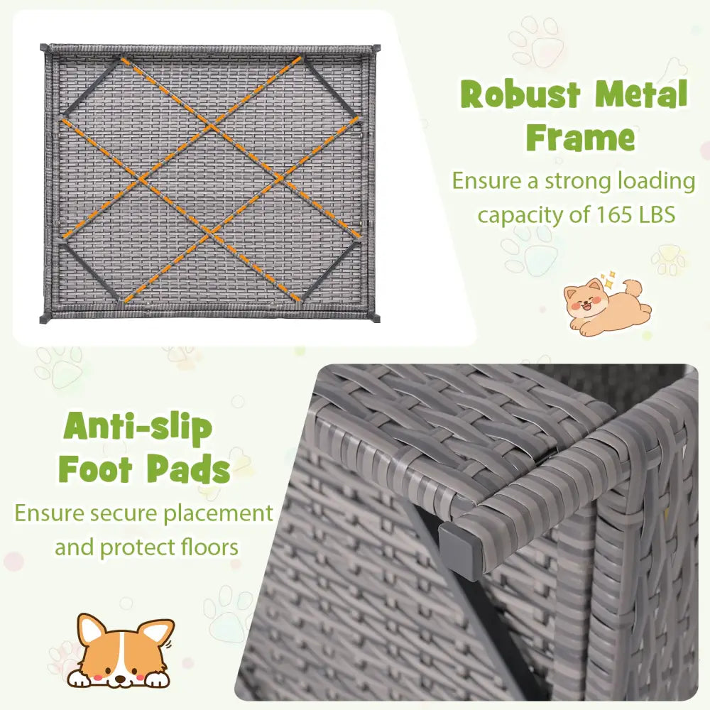 Wicker Dog House Elevated PE Rattan Dog Bed with Canopy-Gray - Gray - Dog Kennels