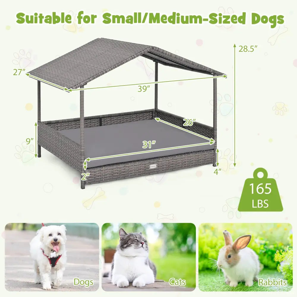Wicker Dog House Elevated PE Rattan Dog Bed with Canopy-Gray - Gray - Dog Kennels