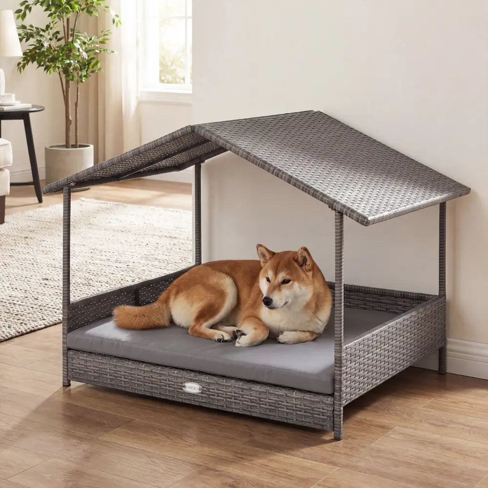 Wicker Dog House Elevated PE Rattan Dog Bed with Canopy-Gray - Gray - Dog Kennels