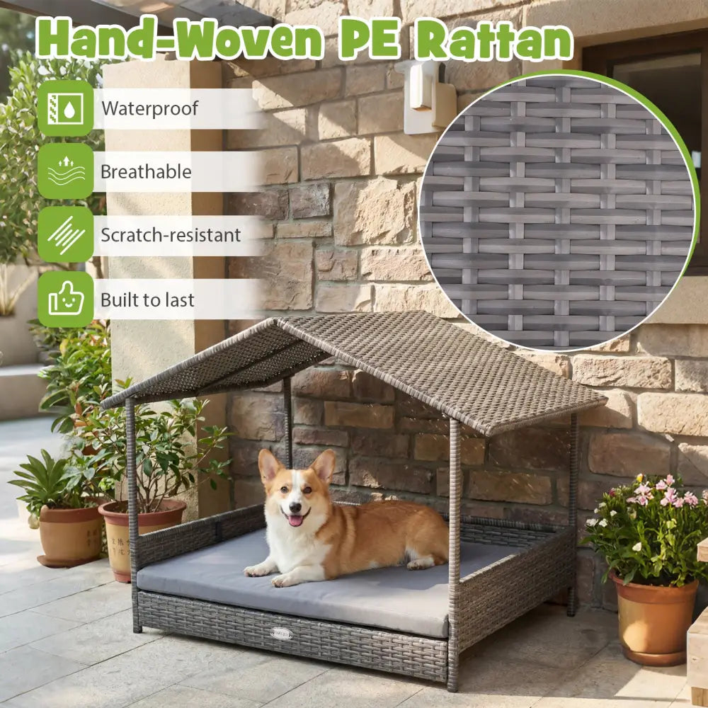 Wicker Dog House Elevated PE Rattan Dog Bed with Canopy-Gray - Gray - Dog Kennels