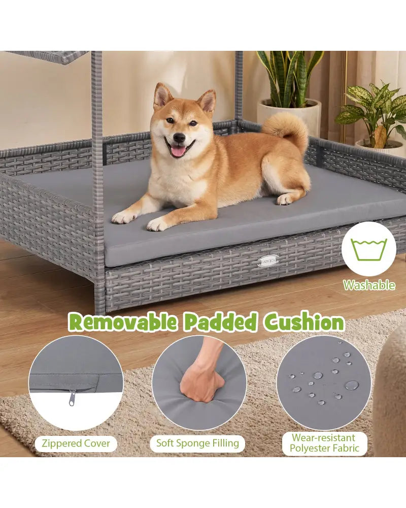 Wicker Dog House Elevated PE Rattan Dog Bed with Canopy-Gray - Gray - Dog Kennels