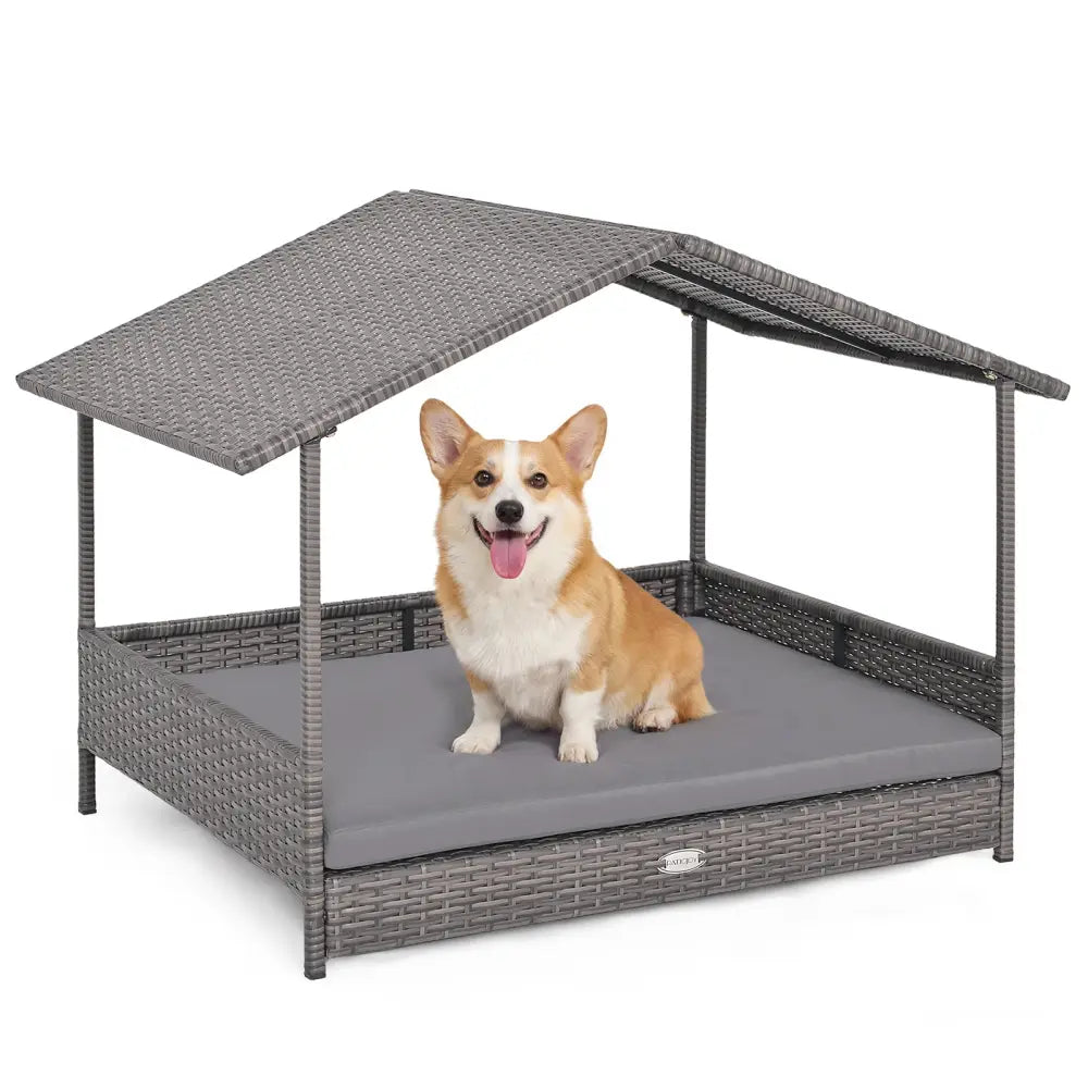 Wicker Dog House Elevated PE Rattan Dog Bed with Canopy-Gray - Gray - Dog Kennels