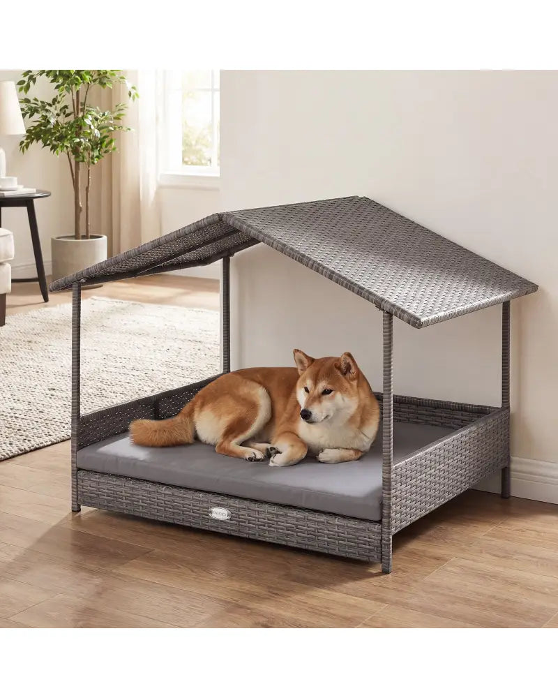 Wicker Dog House Elevated PE Rattan Dog Bed with Canopy-Gray - Gray - Dog Kennels