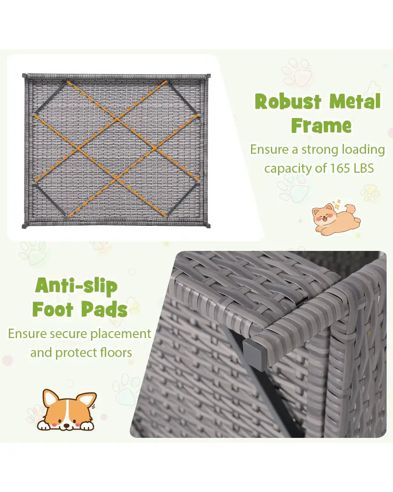 Wicker Dog House Elevated PE Rattan Dog Bed with Canopy-Gray - Gray - Dog Kennels