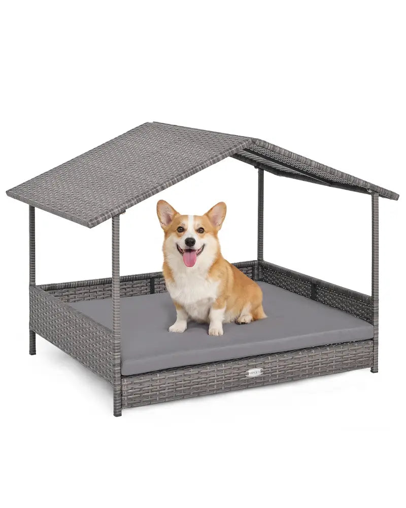 Wicker Dog House Elevated PE Rattan Dog Bed with Canopy-Gray - Gray - Dog Kennels
