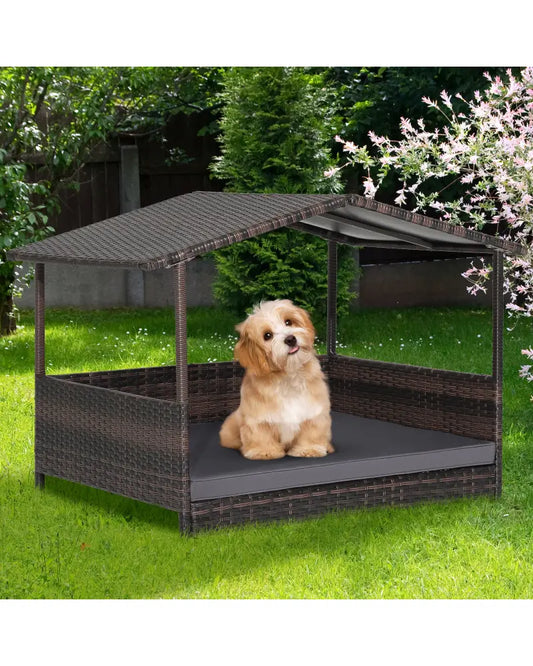 Wicker Dog House with Weatherproof Roof for Outdoor - Gray - Dog Kennels