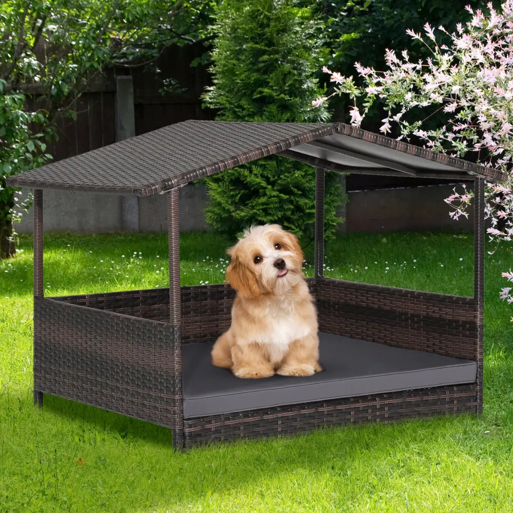 Wicker Dog House with Weatherproof Roof for Outdoor - Gray - Dog Kennels